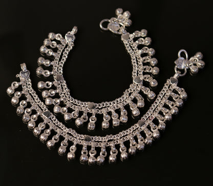 Handmade vintage sterling silver anklet with noisy jingle bells and tribal ethnic design, perfect for baby foot jewelry.