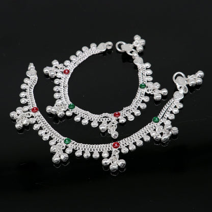 Handmade 6.5-inch sterling silver baby anklet with unisex design, customized charm, and decorative noisy bracelet feature.