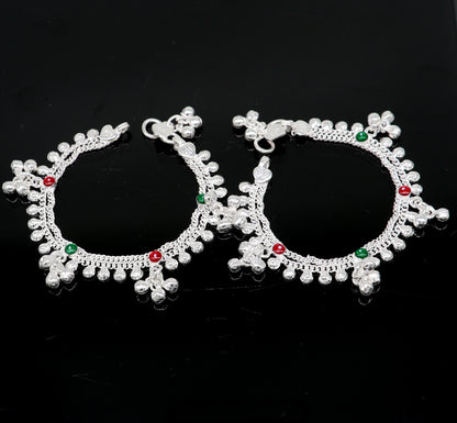 Handmade 6.5-inch sterling silver baby ankle bracelet with customizable charm, unisex design, tribal ornaments style.