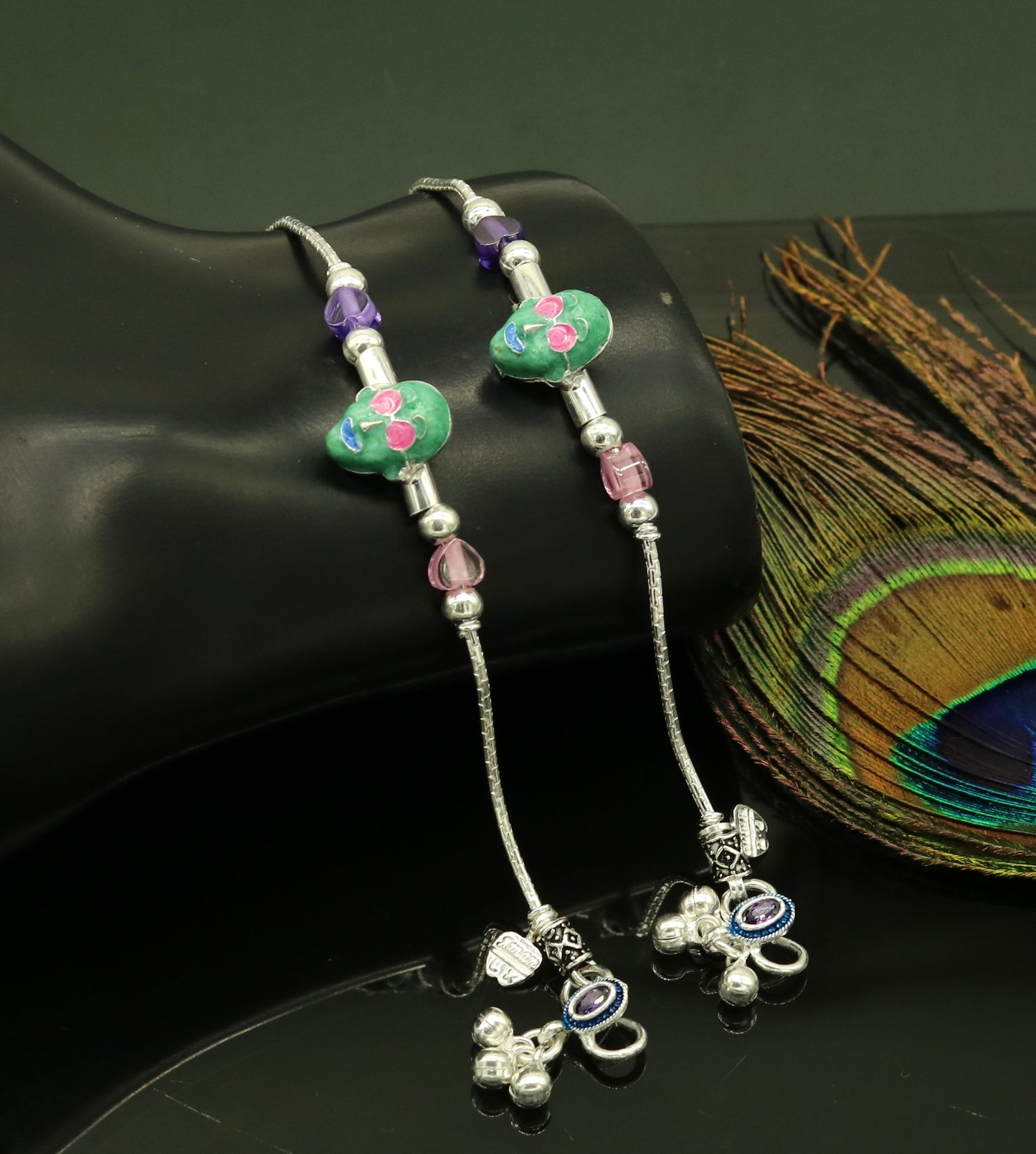 6.5" inches long Handmade solid silver gorgeous baby ankle bracelet, excellent unisex kids hip-hop style customized  anklets nank200 - TRIBAL ORNAMENTS