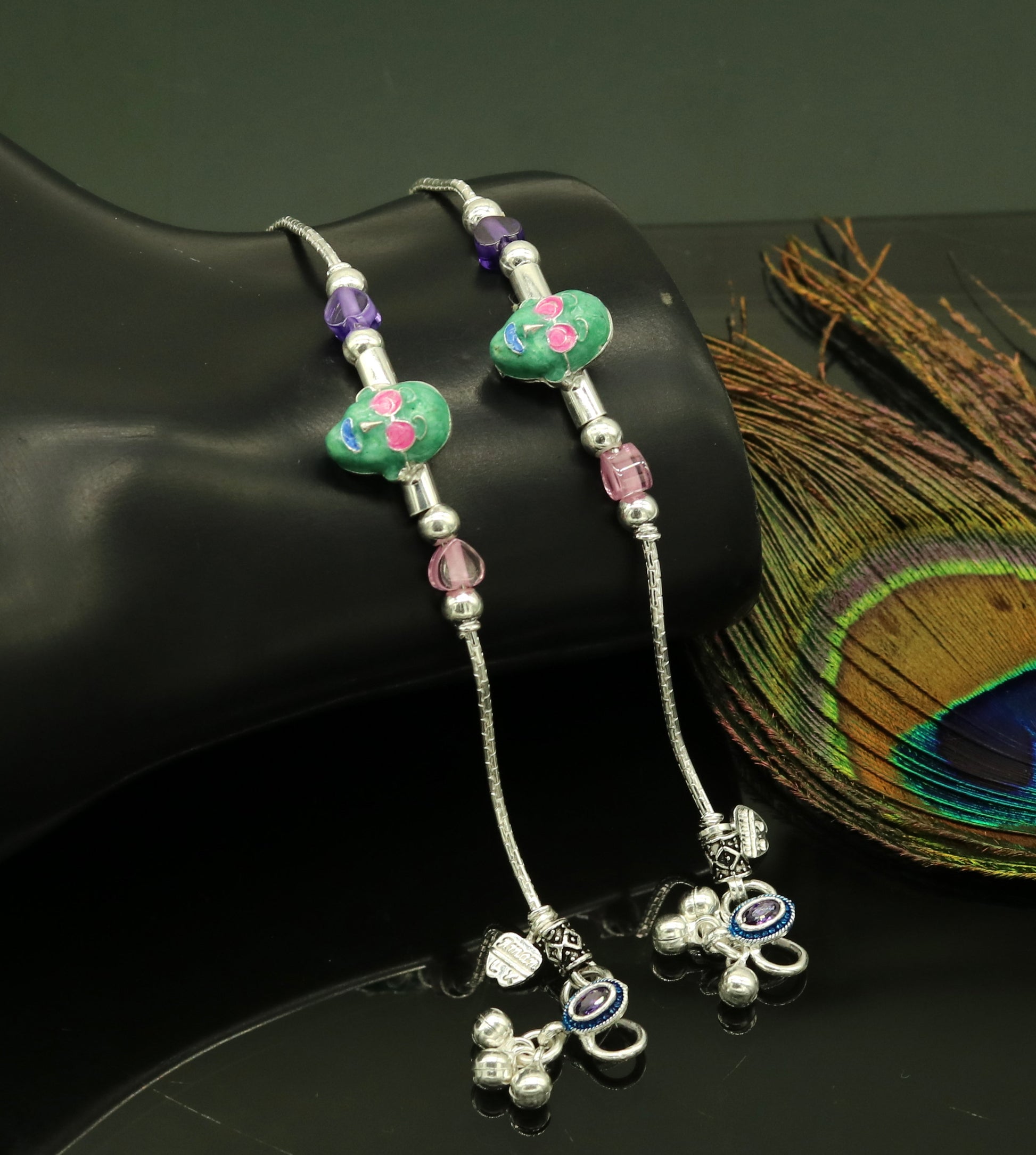 6.5" inches long Handmade solid silver gorgeous baby ankle bracelet, excellent unisex kids hip-hop style customized  anklets nank200 - TRIBAL ORNAMENTS