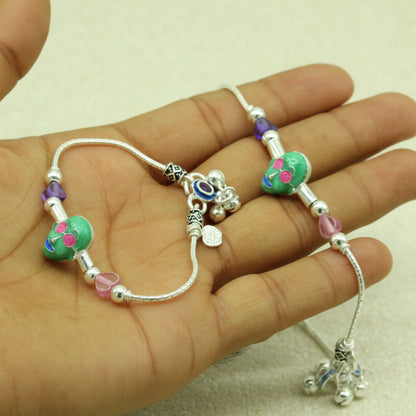 Handmade 6.5-inch solid silver baby ankle bracelet with unisex hip-hop style, customized tribal ornament anklet for kids.