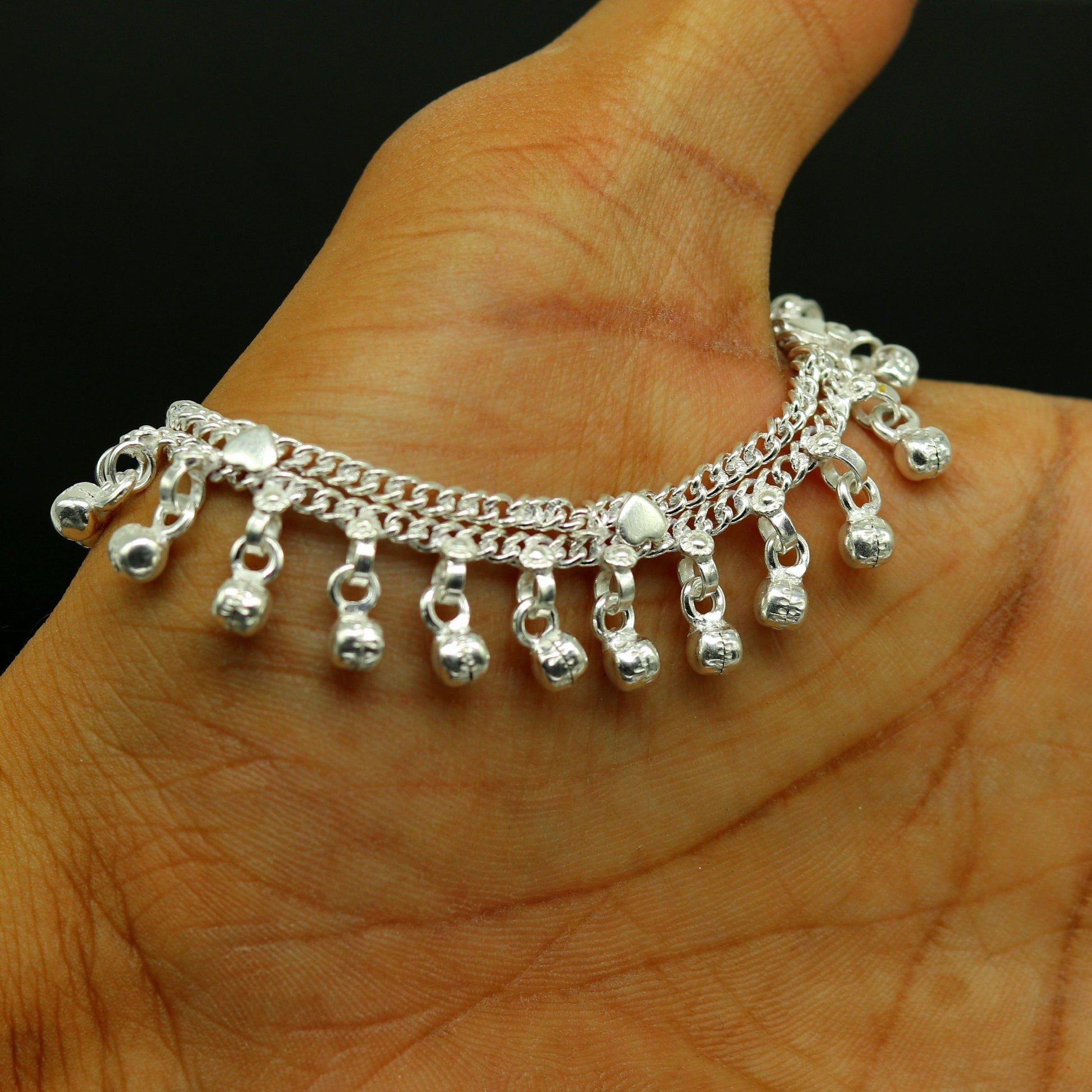 6.5" Inches long sterling silver handmade gorgeous charm baby kids anklets, excellent hanging noisy bells customized kids jewelry ank242 - TRIBAL ORNAMENTS