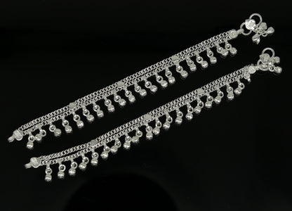 Sterling silver handmade baby kids anklet with charms and hanging noisy bells, 6.5 inches long from TRIBAL ORNAMENTS.