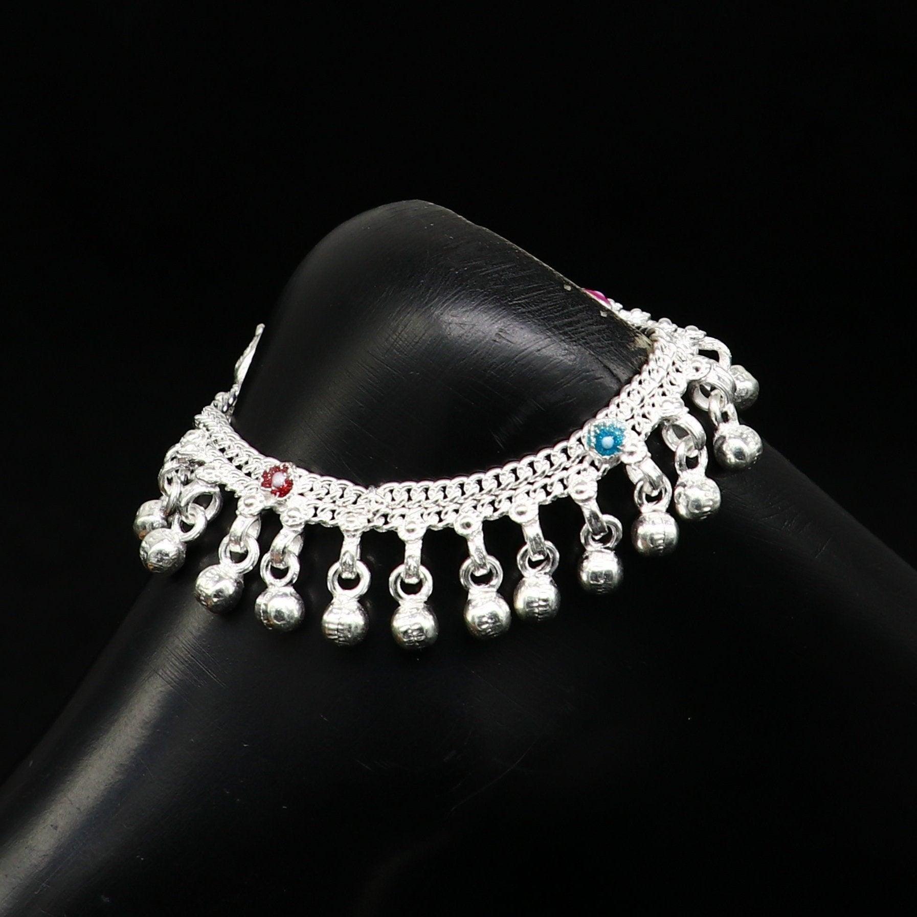 6.5" long Sterling silver customized baby anklets, stunning hanging waved jingling bells, charming noisy ankle bracelet kids jewelry ank409 - TRIBAL ORNAMENTS