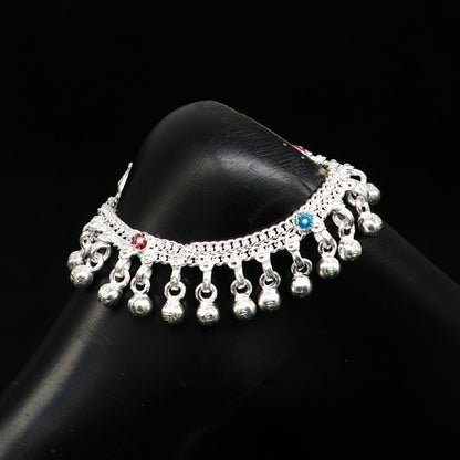6.5" long Sterling silver customized baby anklets, stunning hanging waved jingling bells, charming noisy ankle bracelet kids jewelry ank409 - TRIBAL ORNAMENTS