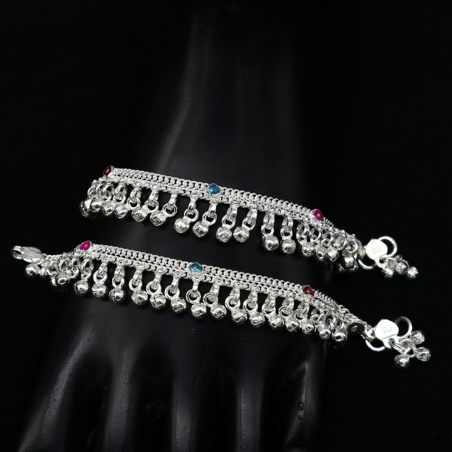 6.5" long Sterling silver customized baby anklets, stunning hanging waved jingling bells, charming noisy ankle bracelet kids jewelry ank409 - TRIBAL ORNAMENTS