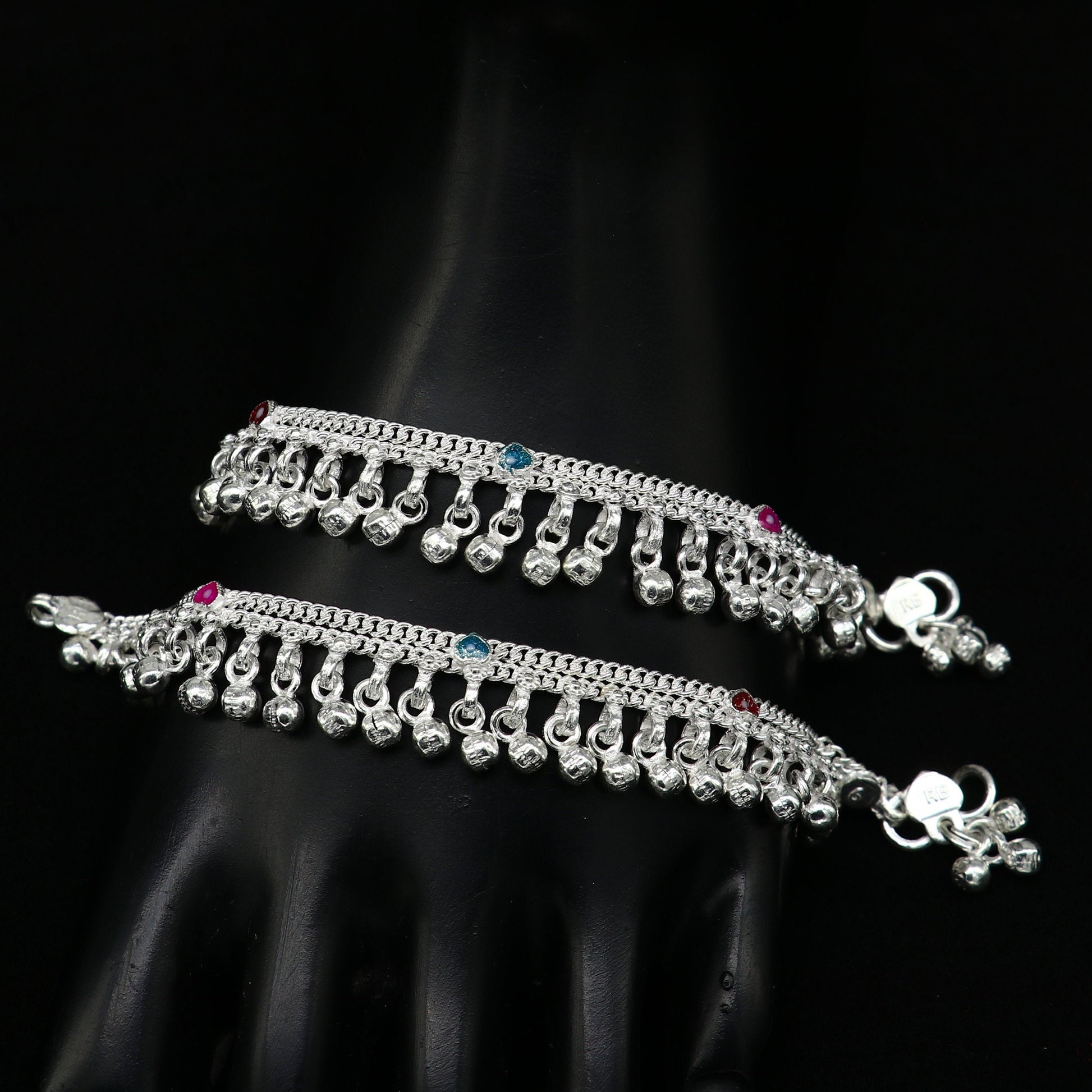 6.5" long Sterling silver customized baby anklets, stunning hanging waved jingling bells, charming noisy ankle bracelet kids jewelry ank409 - TRIBAL ORNAMENTS