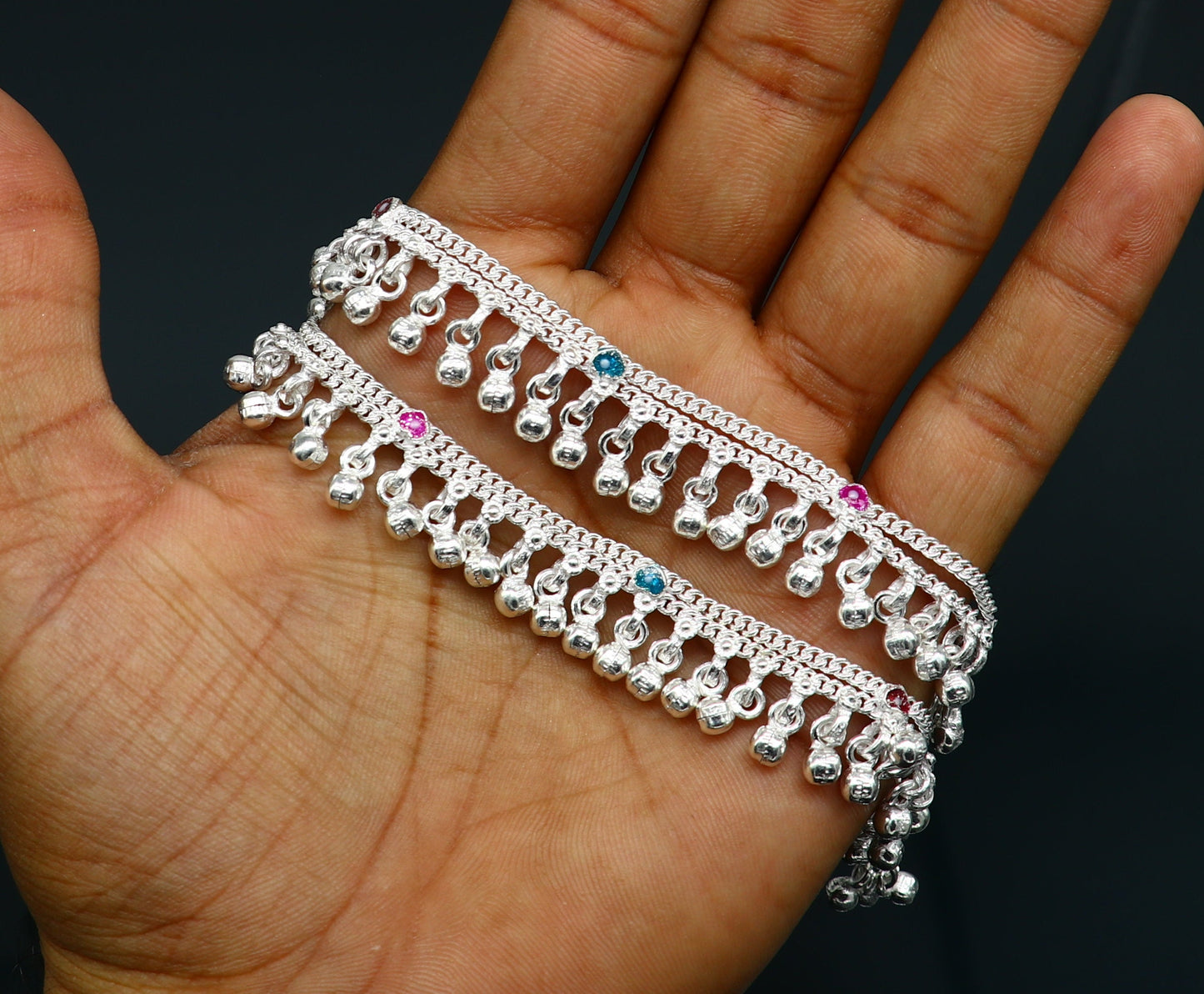 6.5" long Sterling silver customized baby anklets, stunning hanging waved jingling bells, charming noisy ankle bracelet kids jewelry ank409 - TRIBAL ORNAMENTS