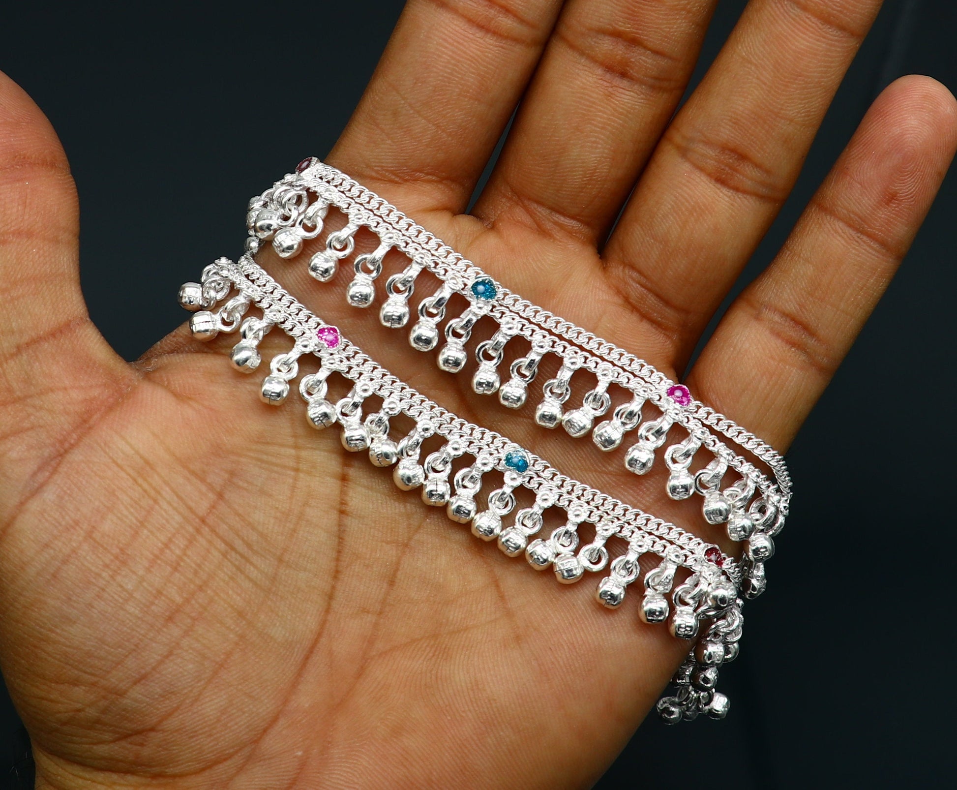 6.5" long Sterling silver customized baby anklets, stunning hanging waved jingling bells, charming noisy ankle bracelet kids jewelry ank409 - TRIBAL ORNAMENTS