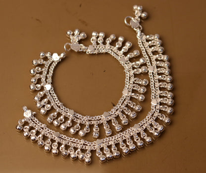 Sterling silver handmade baby ankle bracelet with jingle bells, charm anklet foot jewelry, tribal design, suitable for belly dance.