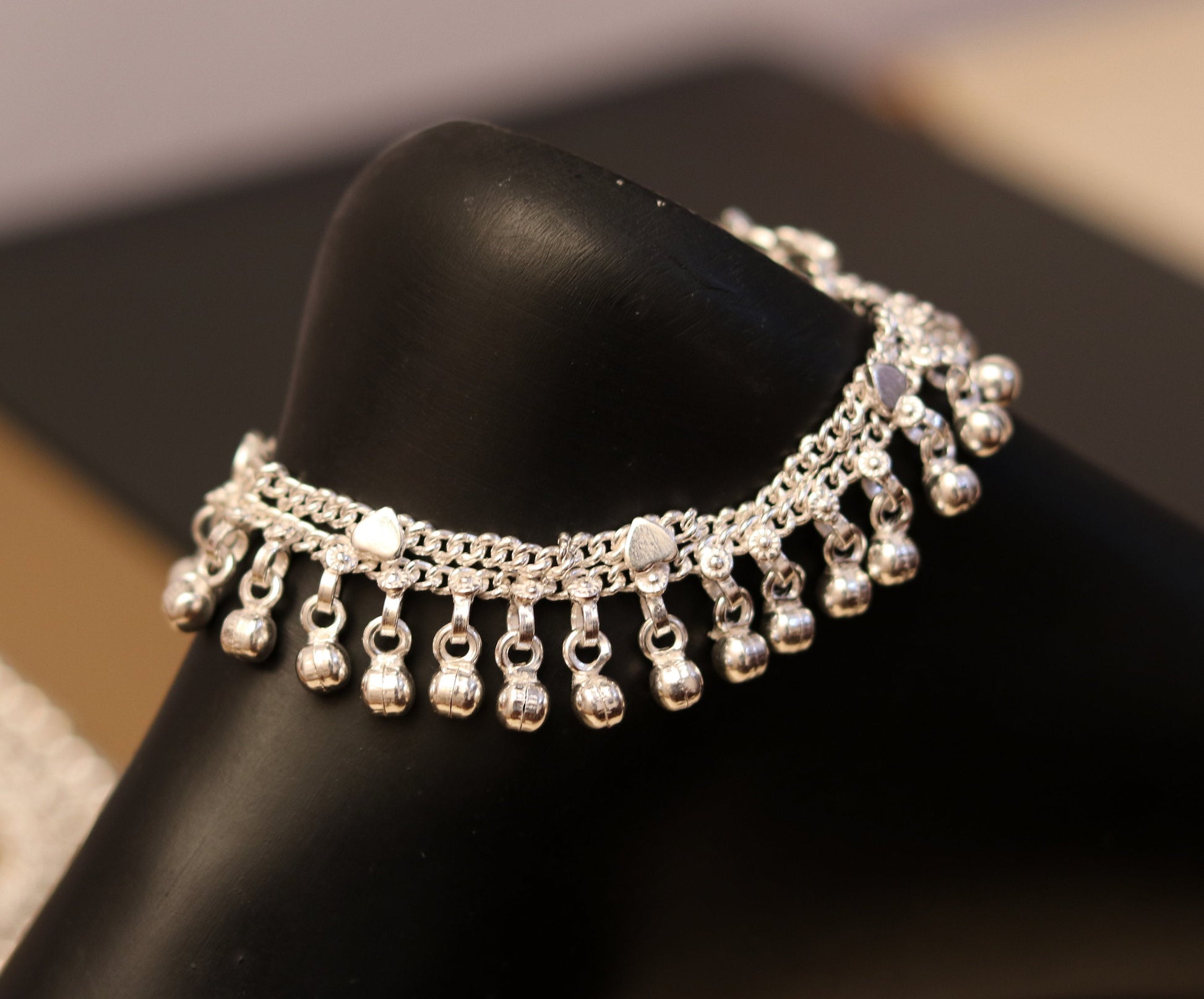 6.5" Sterling silver handmade baby ankle bracelet, amazing noisy jingle bells, charm anklets foot bracelet belly dance jewelry india ank171 - TRIBAL ORNAMENTS