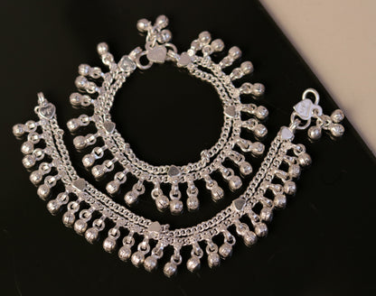 Sterling silver handmade baby ankle bracelet with noisy jingle bells and charm, ideal for foot jewelry and belly dance accessories.