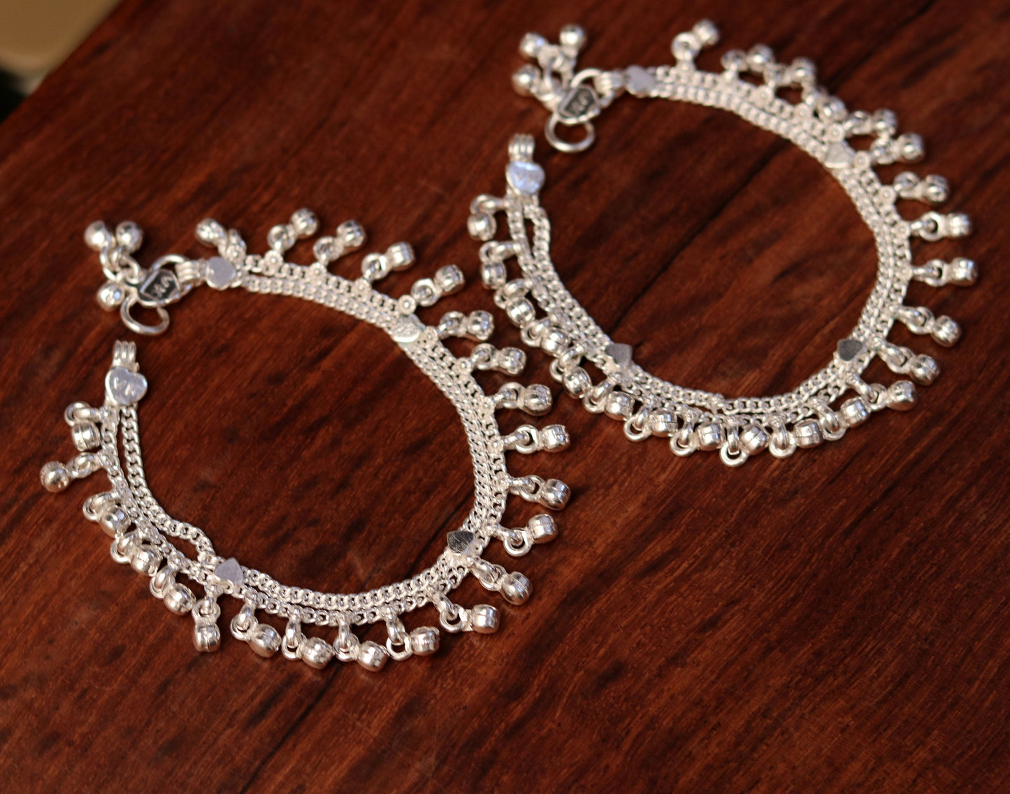 6.6" Sterling silver handmade baby anklet charm ankle bracelet, fabulous hanging noisy bells, excellent unisex baby foot bracelet ank158 - TRIBAL ORNAMENTS