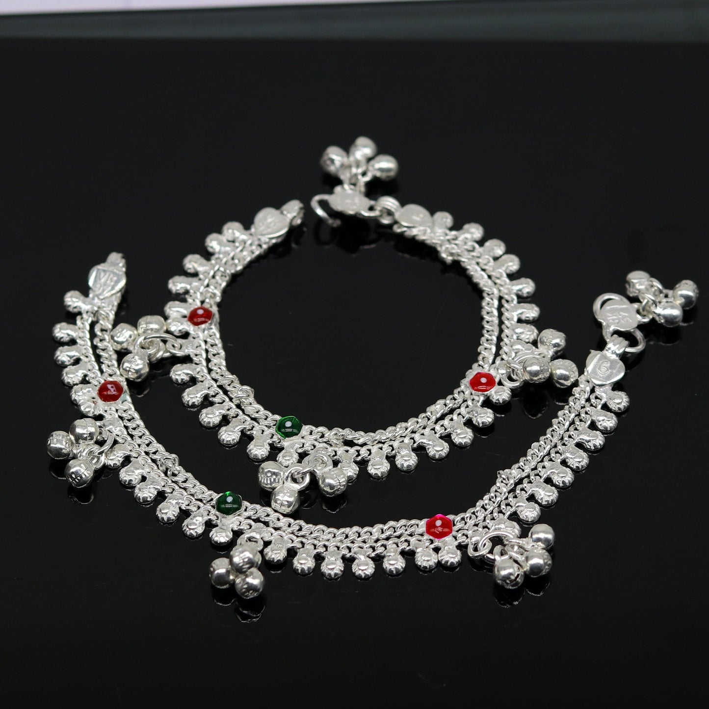 6" fancy stylish baby anklets bracelet, double chain jingle bells ankle bracelet, unisex gifting kids jewelry, new born baby jewelry ank257 - TRIBAL ORNAMENTS