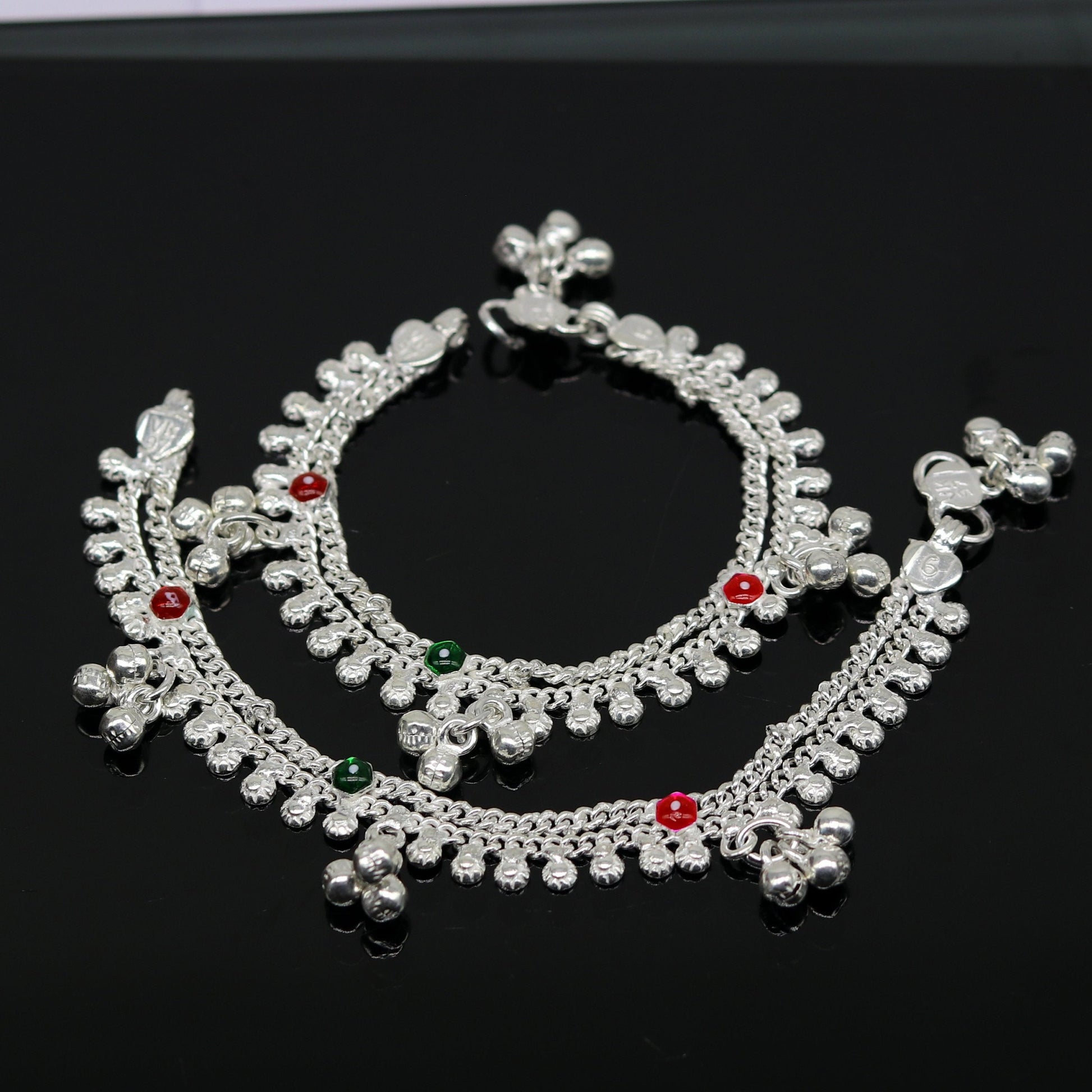 6" fancy stylish baby anklets bracelet, double chain jingle bells ankle bracelet, unisex gifting kids jewelry, new born baby jewelry ank257 - TRIBAL ORNAMENTS