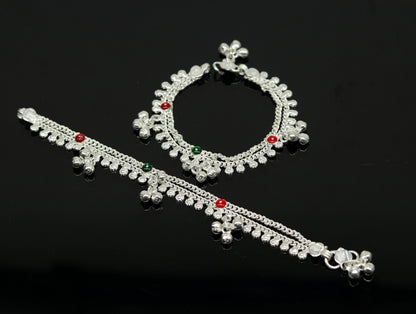6" fancy stylish baby anklets bracelet, double chain jingle bells ankle bracelet, unisex gifting kids jewelry, new born baby jewelry ank257 - TRIBAL ORNAMENTS