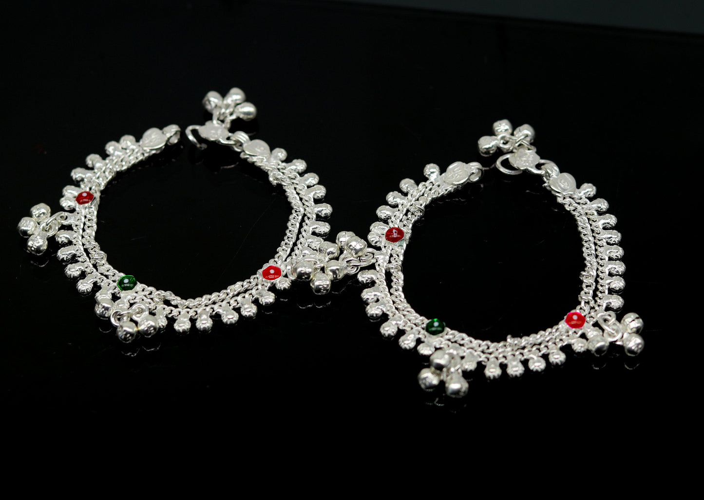 6" fancy stylish baby anklets bracelet, double chain jingle bells ankle bracelet, unisex gifting kids jewelry, new born baby jewelry ank257 - TRIBAL ORNAMENTS