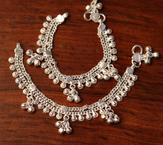 6" handmade solid silver baby jingling anklet charm ankle bracelet, pretty hanging noisy bells, excellent unisex baby foot bracelet ank195 - TRIBAL ORNAMENTS