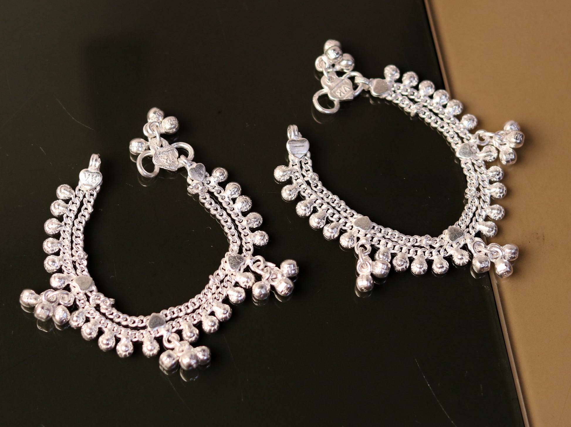 6" handmade solid silver baby jingling anklet charm ankle bracelet, pretty hanging noisy bells, excellent unisex baby foot bracelet ank195 - TRIBAL ORNAMENTS