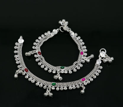 Handmade 6-inch sterling silver jingling bells anklet with baby foot charm, tribal design, perfect kids jewelry from India.