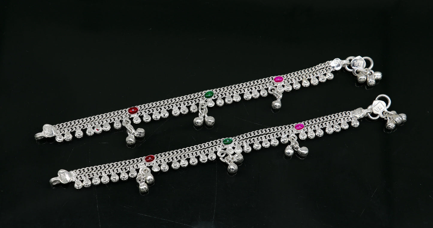 6" handmade solid sterling silver jingling bells noisy anklets, excellent gifting baby foot bracelet charm kids jewelry from india ank363 - TRIBAL ORNAMENTS