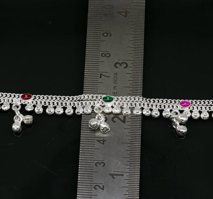 Handmade 6-inch sterling silver anklets with jingling bells, perfect for kids' jewelry and baby foot accessories from India.
