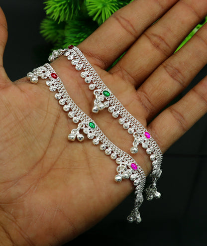 Handmade 6-inch sterling silver jingling anklets with bells, ideal for kids' jewelry and baby foot charms from Tribal Ornaments.