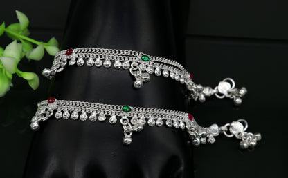 Handmade 6-inch sterling silver jingling bells anklet with baby foot charm, tribal design, perfect for kids jewelry from India.