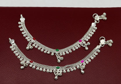 Handmade sterling silver jingling ankle bells with baby foot charm, perfect for kids jewelry and traditional Indian anklets.