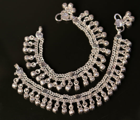 6" Handmade vintage antique style sterling silver fabulous noisy jingle bells anklets, baby foot bracelet tribal ethnic jewelry India ank167 - TRIBAL ORNAMENTS