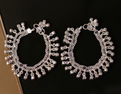 Sterling silver vintage jingle bells anklet with tribal design, handmade in India, featuring small noisy bells and intricate ethnic details.