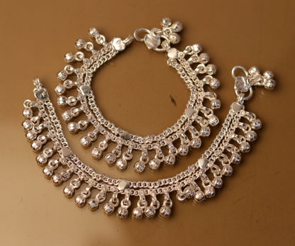 Sterling silver handmade jingle bell anklet with vintage tribal design, featuring small noisy bells for baby foot or ethnic jewelry.