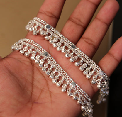 Sterling silver vintage jingle bells anklet with tribal ethnic design and baby foot bracelet style, handmade by TRIBAL ORNAMENTS.