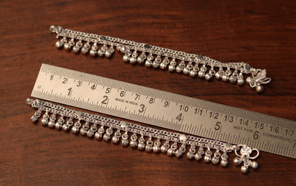 Sterling silver vintage anklet with jingle bells and tribal designs, handmade Indian baby foot bracelet by Tribal Ornaments.
