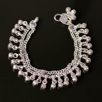 Sterling silver vintage jingle bell anklet with tribal design, handmade in India, featuring noisy bells and intricate ethnic details.