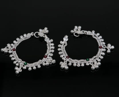Handmade 6-inch sterling silver baby ankle bracelet with customized charm, unisex design, tribal ornaments style.