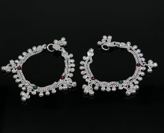Handmade 6-inch sterling silver baby ankle bracelet with customized charm, unisex design, tribal ornaments style.