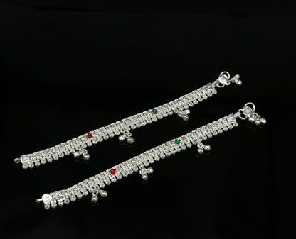 Sterling silver 6-inch baby ankle bracelet with jingling charm from TRIBAL ORNAMENTS, stylish customized newborn foot jewelry.