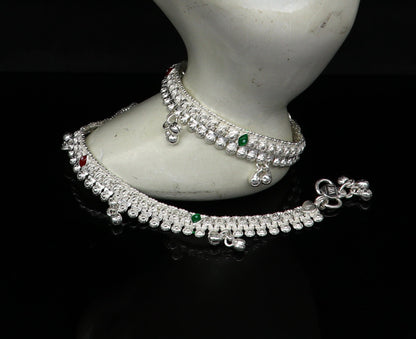 Sterling silver ankle bracelet for newborns with jingling charm, customized foot jewelry, stylish baby anklet by TRIBAL ORNAMENTS.