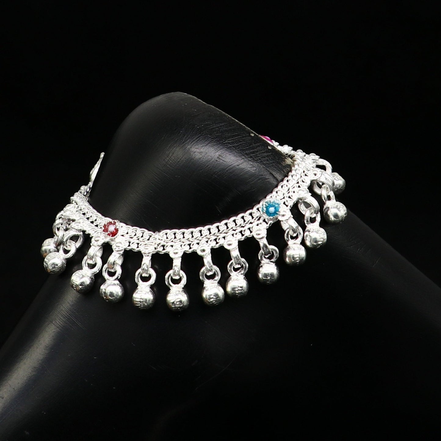 6" long Sterling silver customized baby anklets, stunning hanging waved jingling bells, charming noisy ankle bracelet kids jewelry ank408 - TRIBAL ORNAMENTS