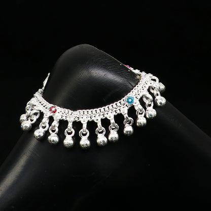 6" long Sterling silver customized baby anklets, stunning hanging waved jingling bells, charming noisy ankle bracelet kids jewelry ank408 - TRIBAL ORNAMENTS