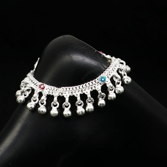 6" long Sterling silver customized baby anklets, stunning hanging waved jingling bells, charming noisy ankle bracelet kids jewelry ank408 - TRIBAL ORNAMENTS