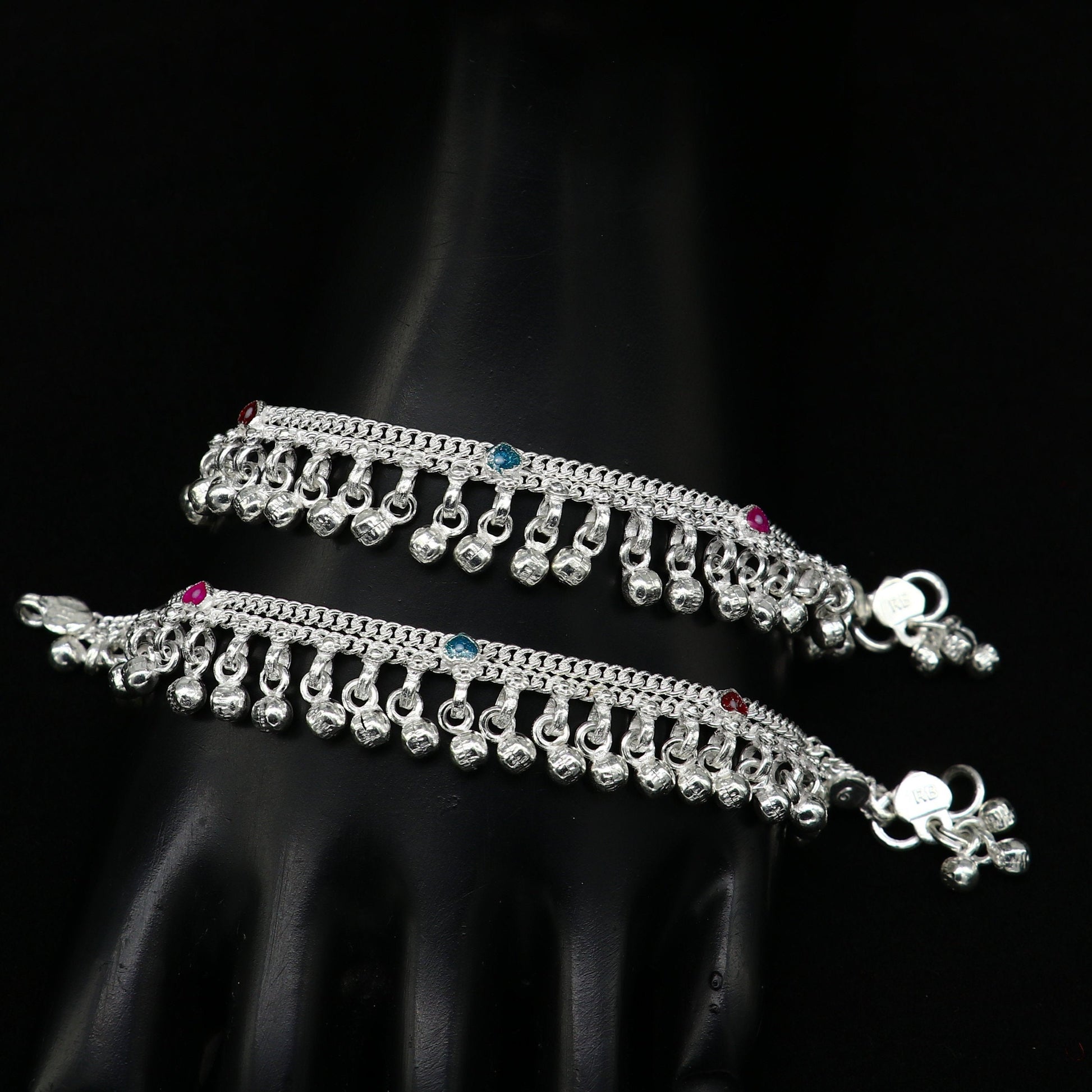 6" long Sterling silver customized baby anklets, stunning hanging waved jingling bells, charming noisy ankle bracelet kids jewelry ank408 - TRIBAL ORNAMENTS