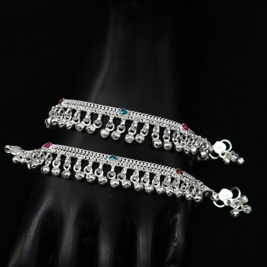 6" long Sterling silver customized baby anklets, stunning hanging waved jingling bells, charming noisy ankle bracelet kids jewelry ank408 - TRIBAL ORNAMENTS