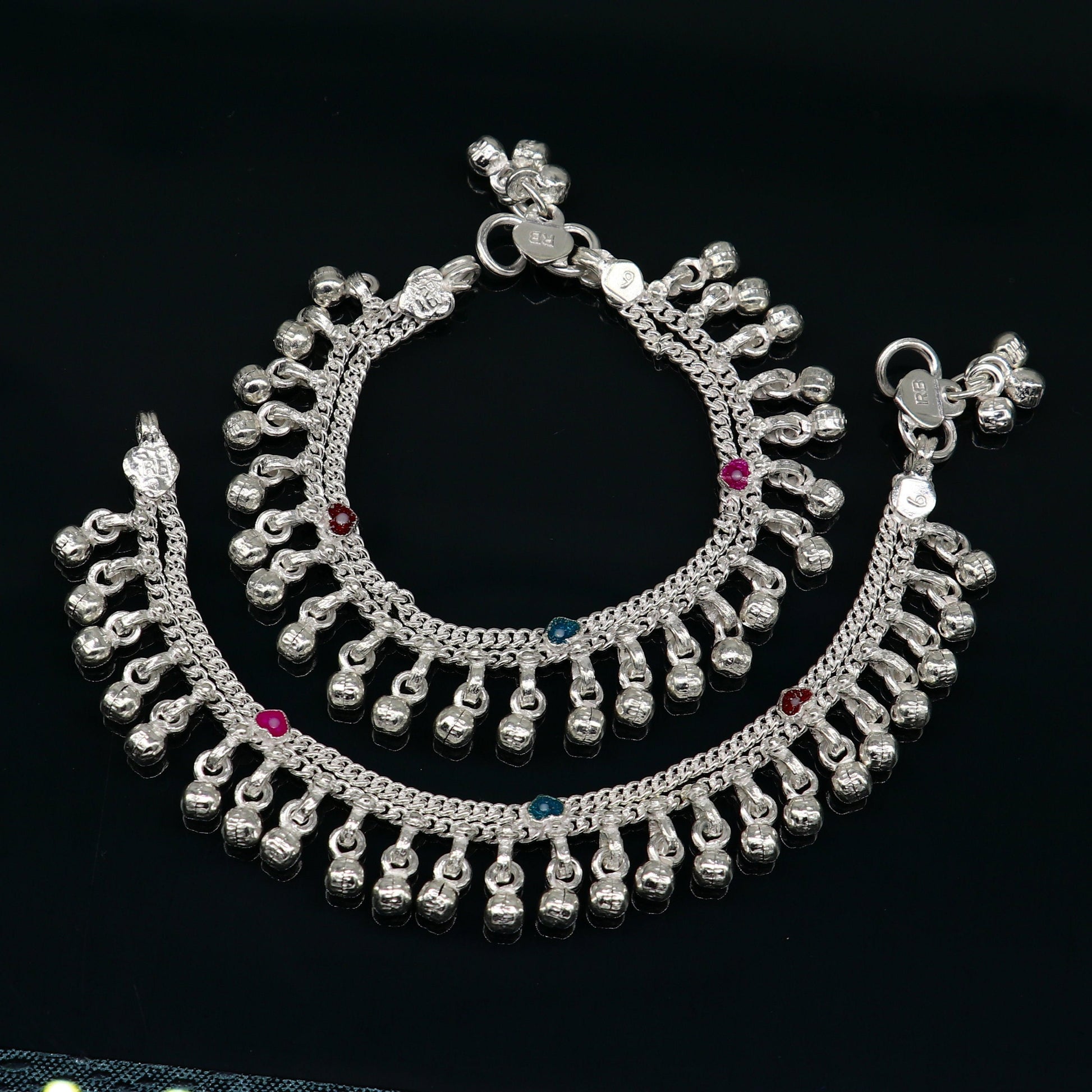 6" long Sterling silver customized baby anklets, stunning hanging waved jingling bells, charming noisy ankle bracelet kids jewelry ank408 - TRIBAL ORNAMENTS