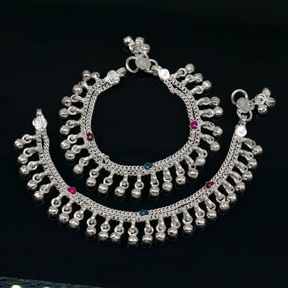 6" long Sterling silver customized baby anklets, stunning hanging waved jingling bells, charming noisy ankle bracelet kids jewelry ank408 - TRIBAL ORNAMENTS
