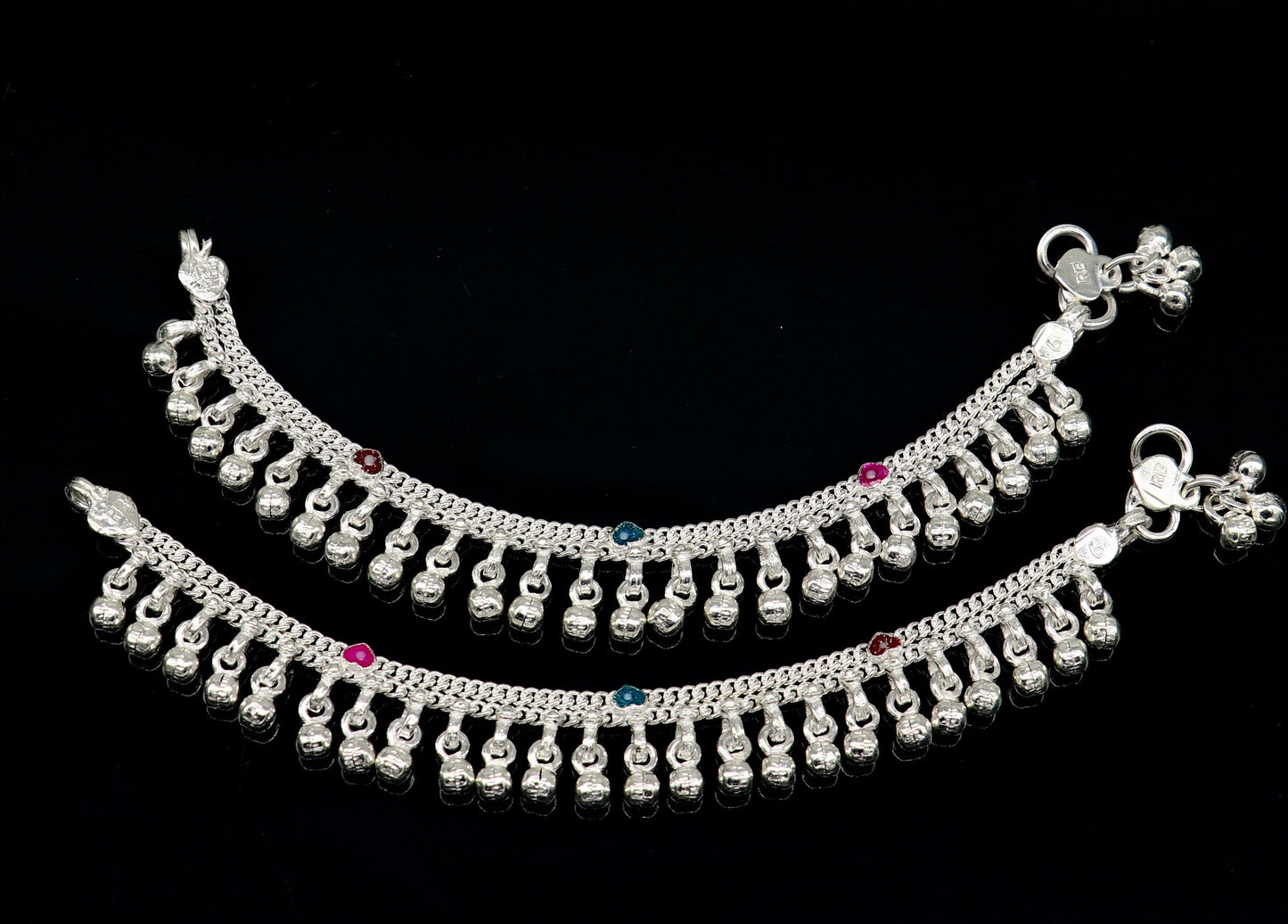 6" long Sterling silver customized baby anklets, stunning hanging waved jingling bells, charming noisy ankle bracelet kids jewelry ank408 - TRIBAL ORNAMENTS