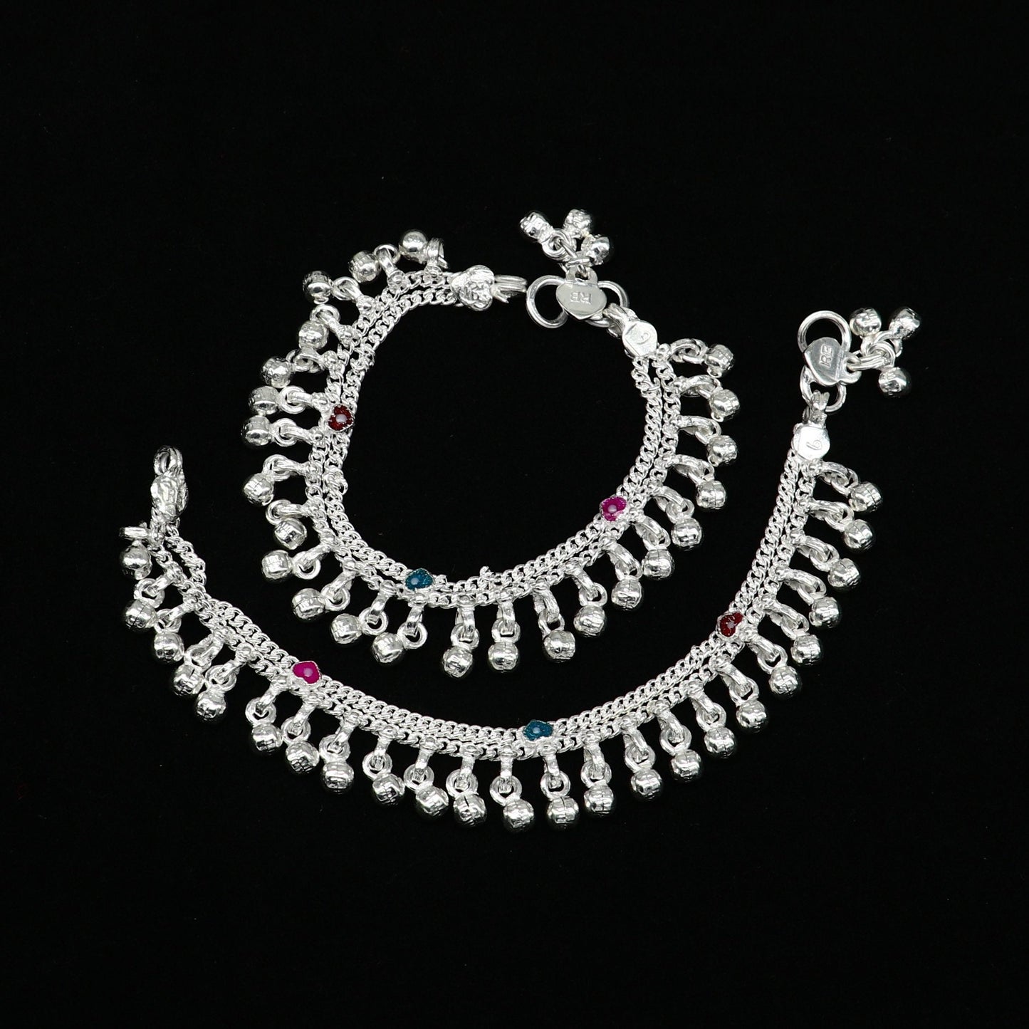 6" long Sterling silver customized baby anklets, stunning hanging waved jingling bells, charming noisy ankle bracelet kids jewelry ank408 - TRIBAL ORNAMENTS