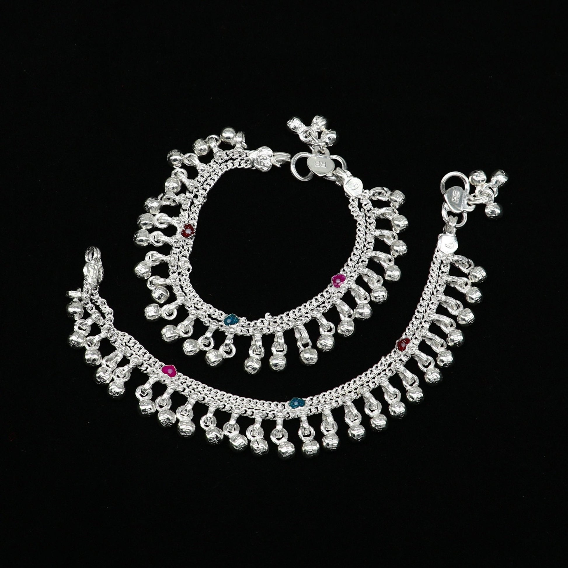 6" long Sterling silver customized baby anklets, stunning hanging waved jingling bells, charming noisy ankle bracelet kids jewelry ank408 - TRIBAL ORNAMENTS